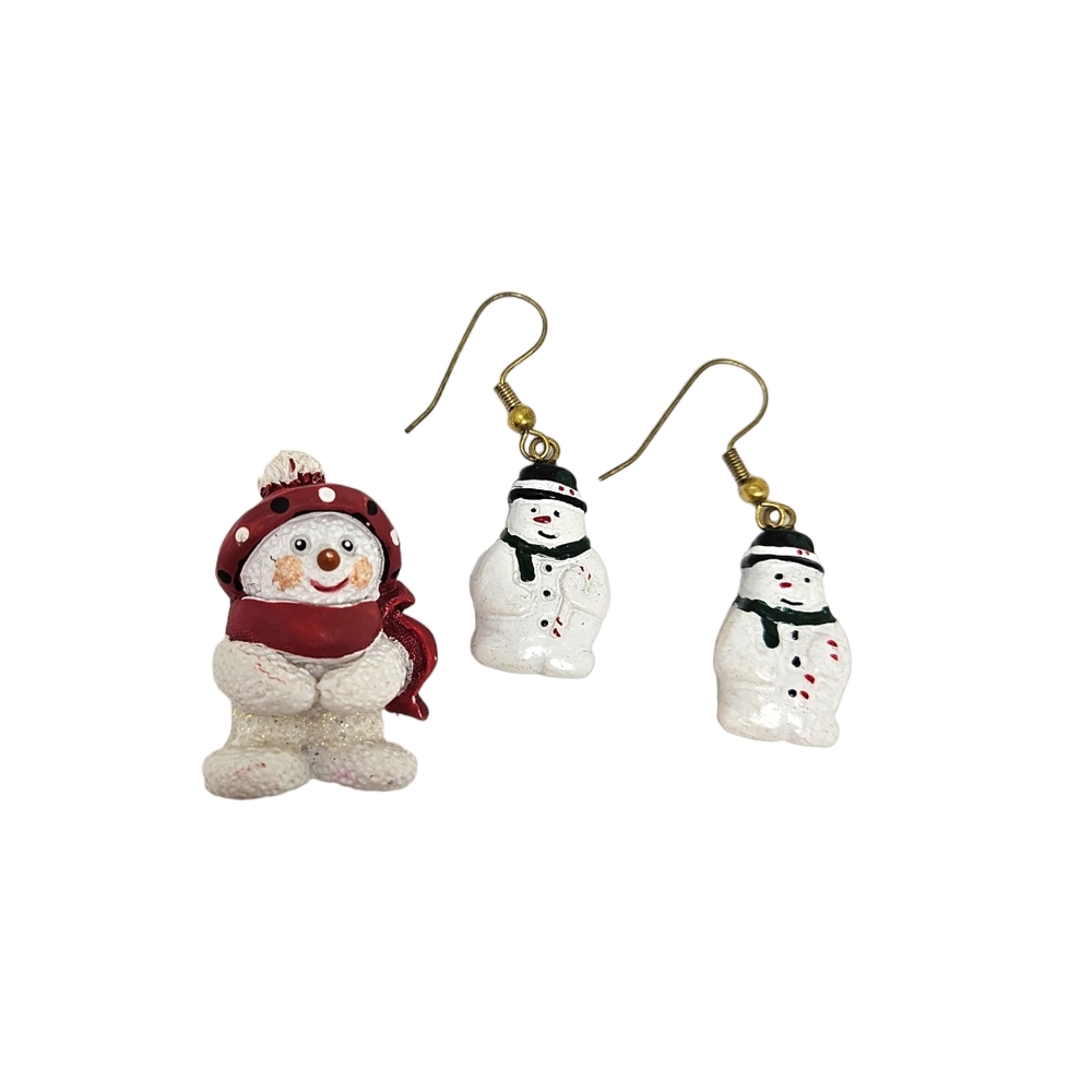 Snowman Brooch and Earrings Winter Holidays